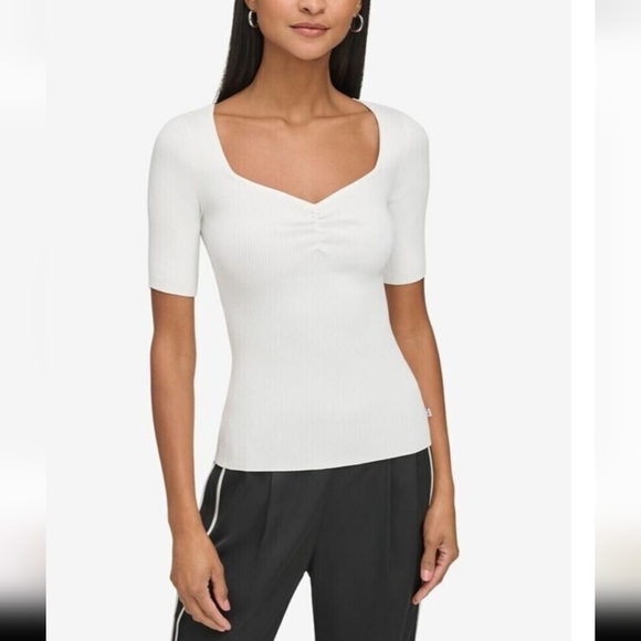 KARL LAGERFELD PARIS Sweetheart-Neck Sweater Soft White Short Sleeve LG New - Picture 1 of 10